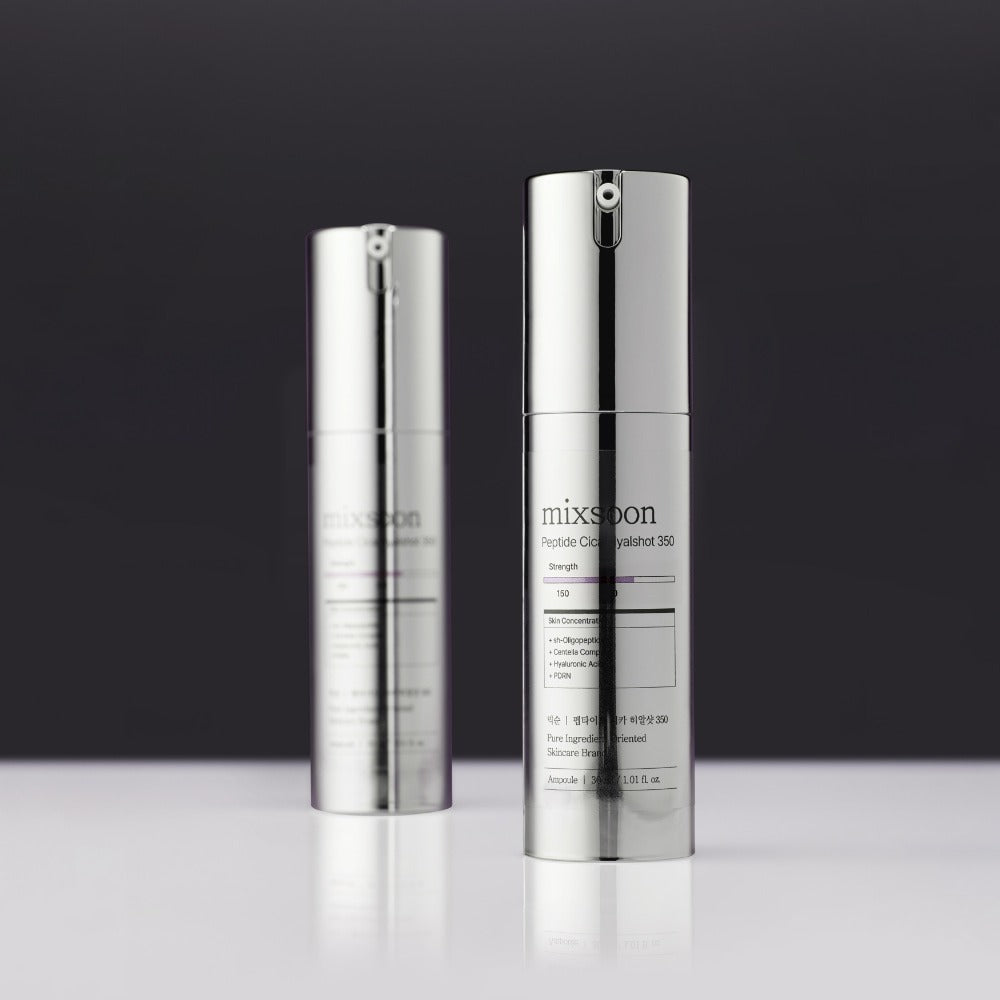 MIXSOON Peptide Cica Hyal Shot 350 30ml serum in sleek silver bottle design on display