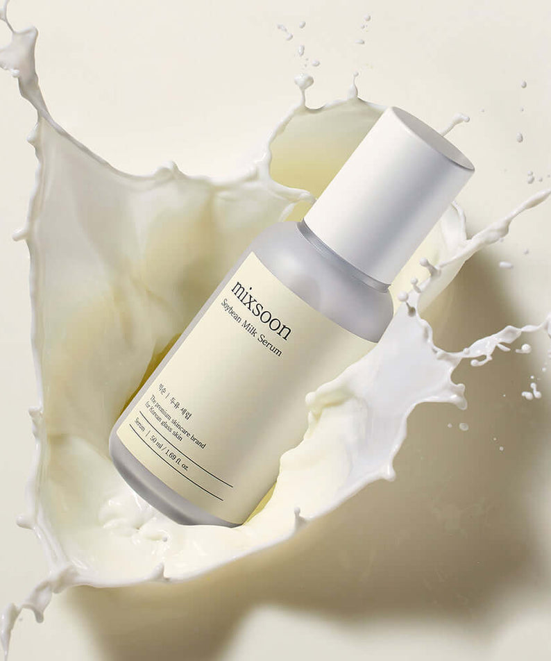 MIXSOON Soybean Milk Serum 50ml product bottle in a splash of soybean milk