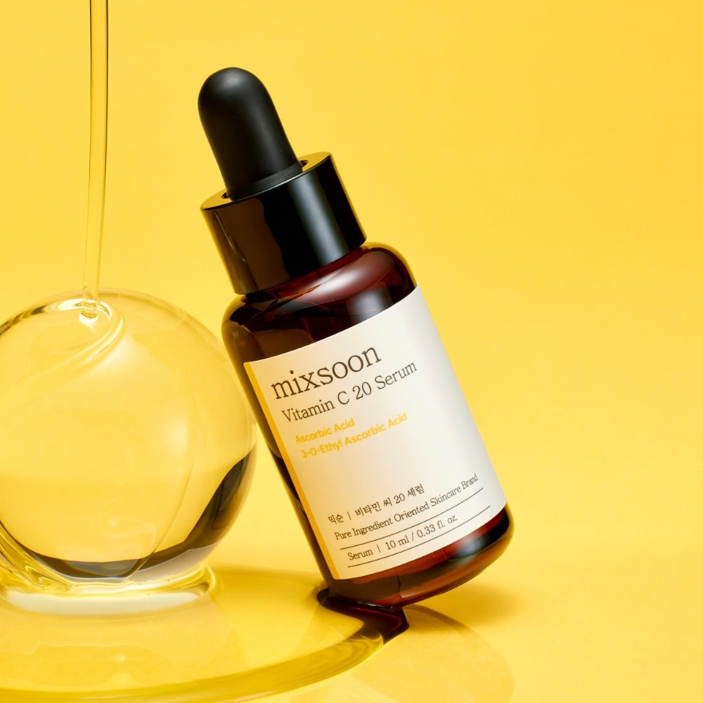 MIXSOON Vitamin C 20 Serum 10ml bottle on yellow background showcasing skincare packaging