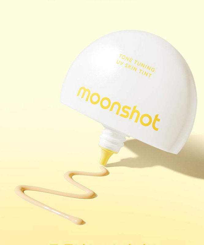 MOONSHOT Tone Tuning UV Skin Tint SPF50+ PA++++ with creamy tint texture on pale yellow background