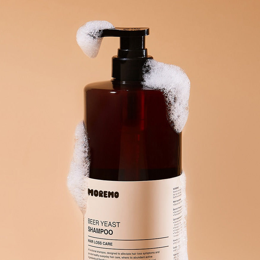 MOREMO Beer Yeast Shampoo 1000ml bottle with foamy bubbles, ideal for hair loss care and nourishment.