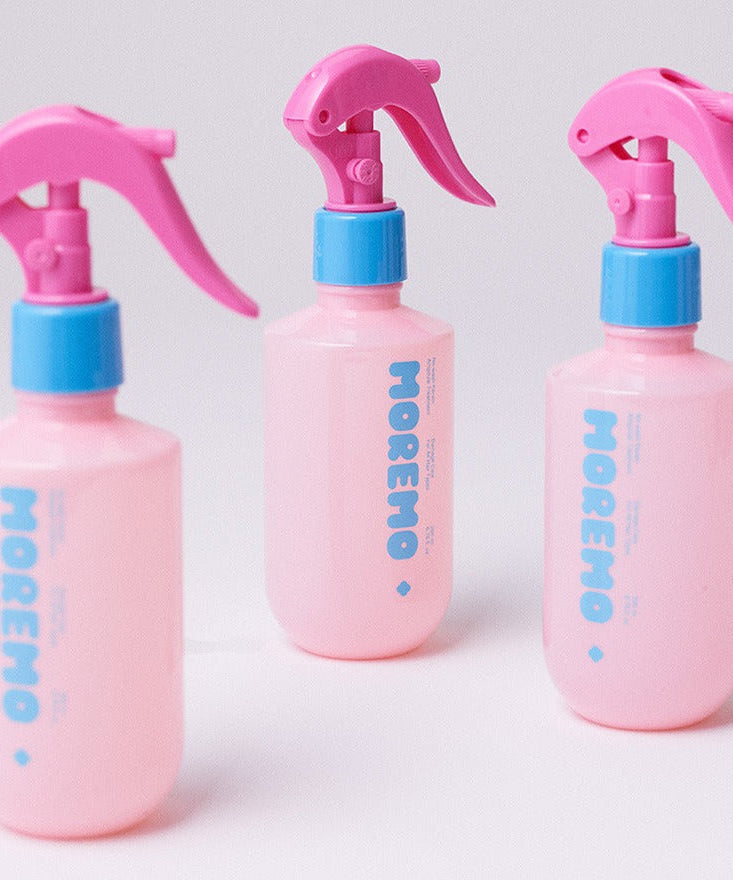 Three bottles of MOREMO No-Wash Keratin Ampoule Treatment 200ml with pink and blue spray tops.
