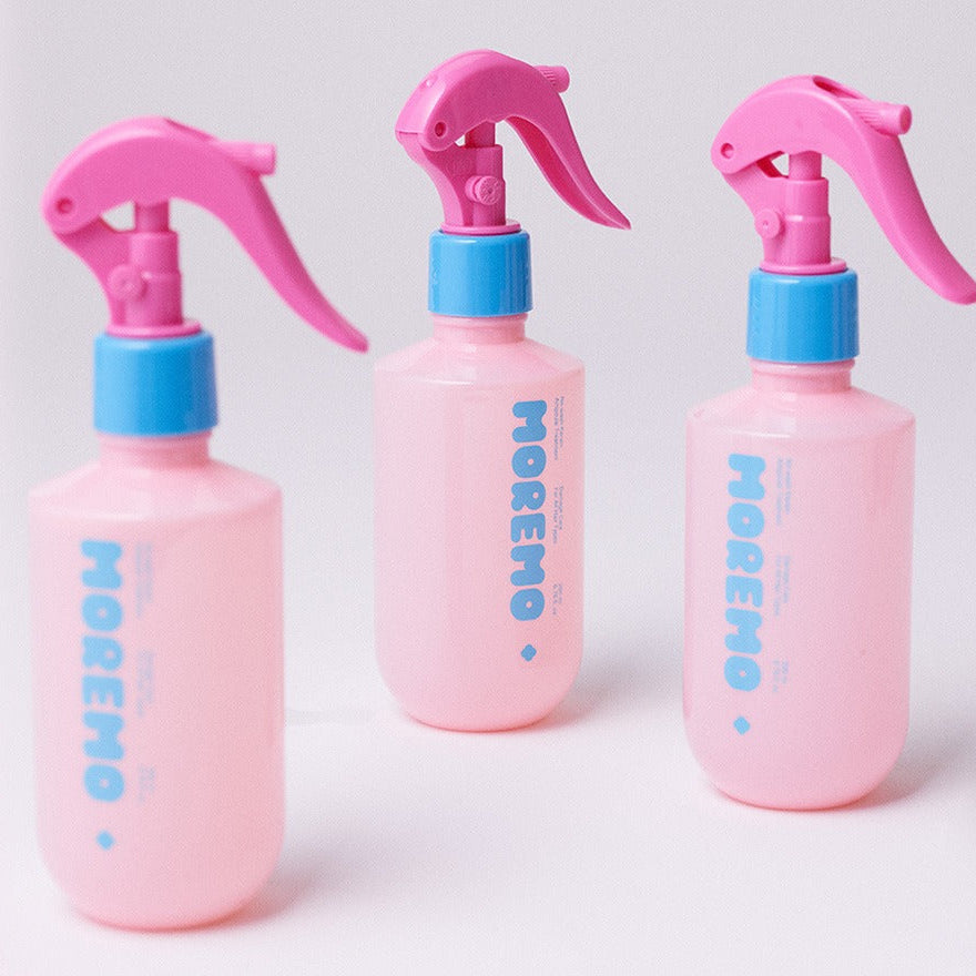Three bottles of MOREMO No-Wash Keratin Ampoule Treatment 200ml with pink and blue spray tops.