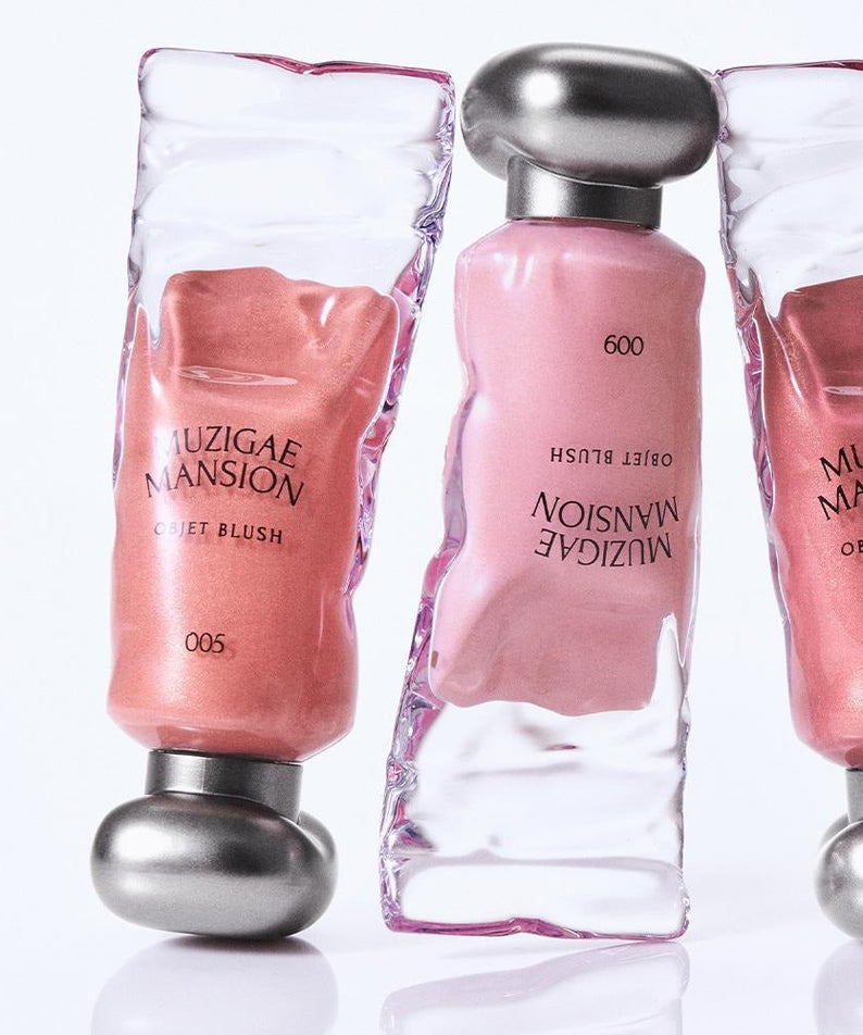 MUZIGAE MANSION Object Blush 5ml tubes in various shades on a white background.