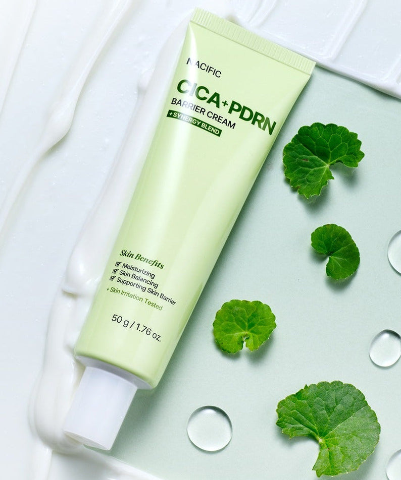 NACIFIC Fresh Cica PDRN Barrier Cream 50g tube with green leaves and cream texture, highlighting skin benefits