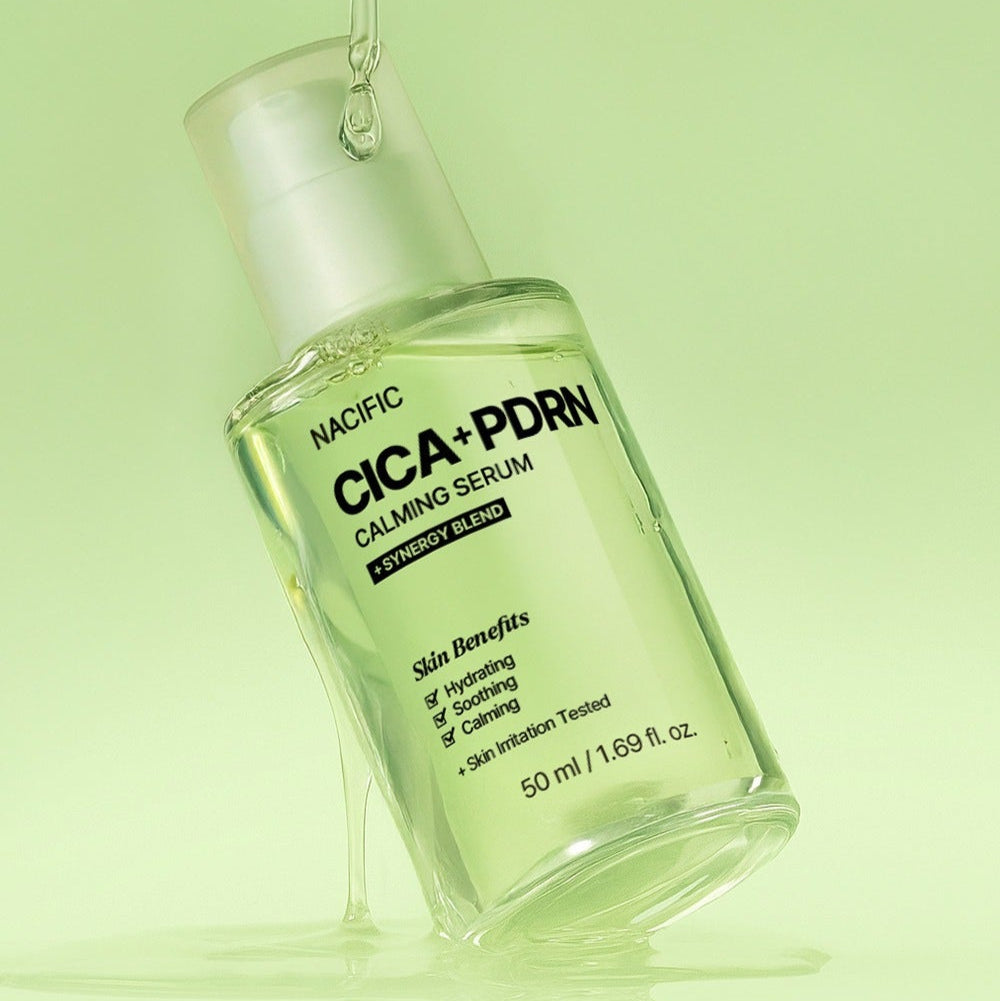 NACIFIC Fresh Cica PDRN Calming Serum 50ml bottle with green liquid, hydrating and soothing skincare product.