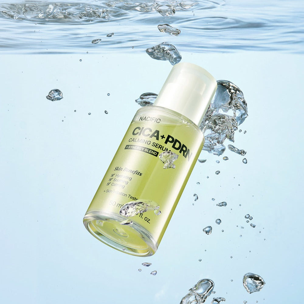 NACIFIC Fresh Cica PDRN Calming Serum 50ml bottle floating in water, showcasing calming properties and refreshing design.