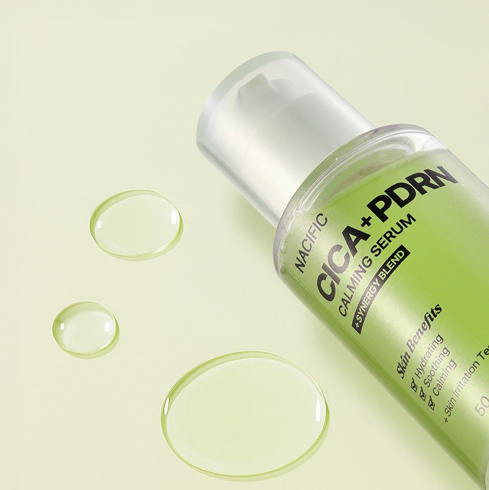 NACIFIC Fresh Cica PDRN Calming Serum 50ml bottle with droplets displayed on a light green background