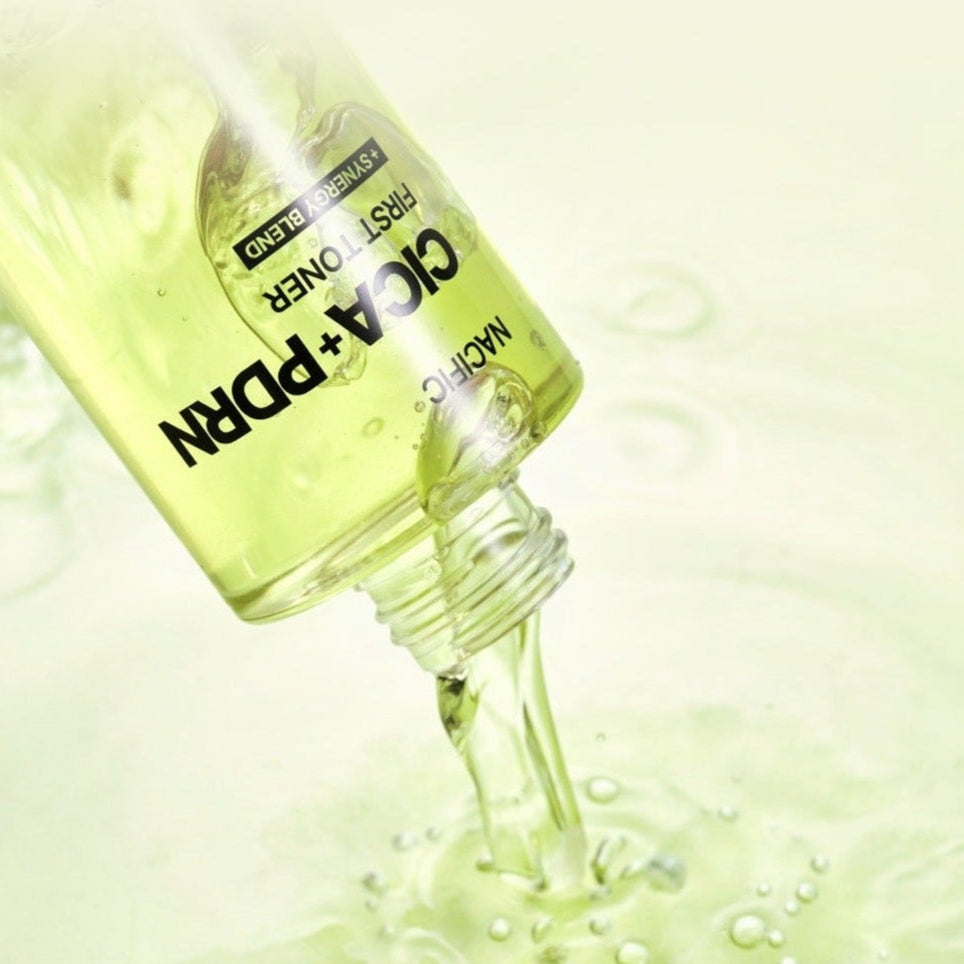 NACIFIC Fresh Cica PDRN First Toner 150ml being poured from a bottle against a light background