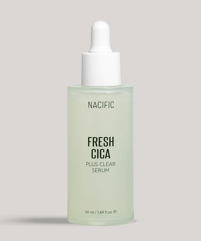 NACIFIC Fresh Cica Plus Clear Serum bottle on a neutral background, specially formulated for soothing sensitive skin.