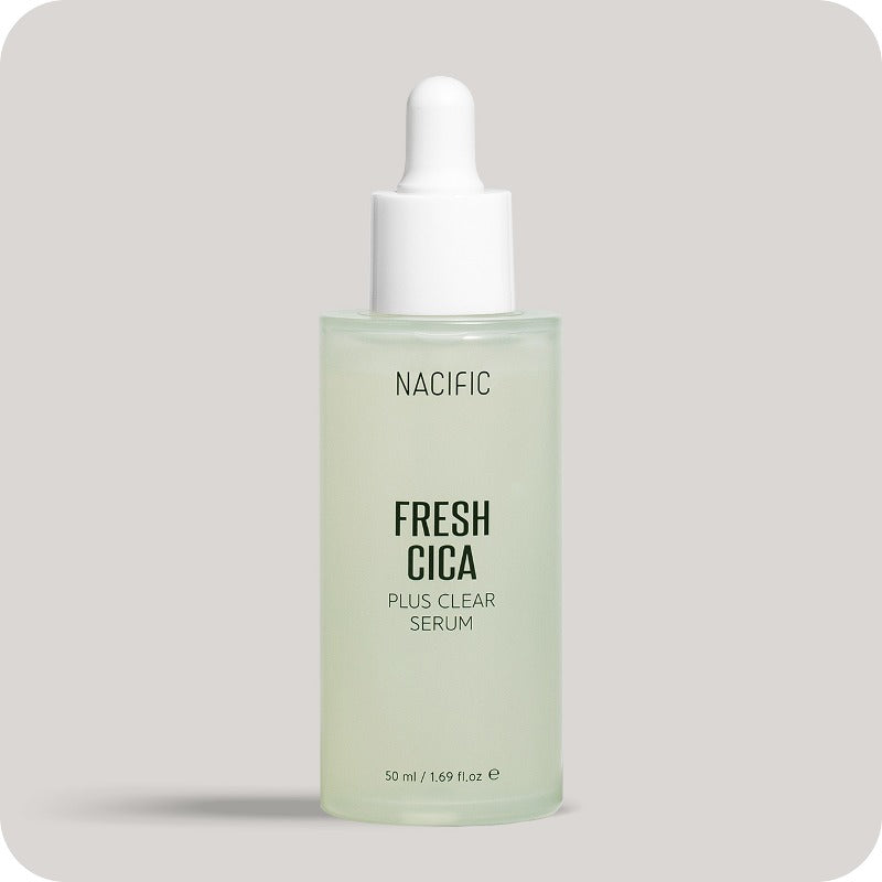 NACIFIC Fresh Cica Plus Clear Serum bottle on a neutral background, specially formulated for soothing sensitive skin.