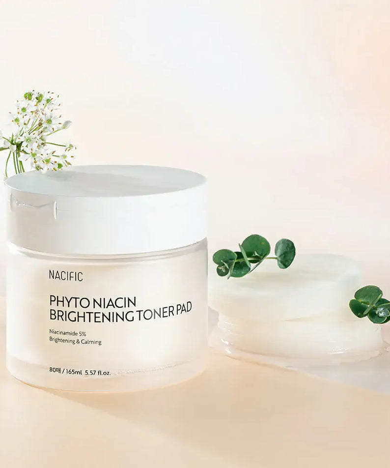 NACIFIC Phyto Niacin Brightening Toner Pads 80 Sheets/165ML on display with botanical elements for a fresh skincare routine.
