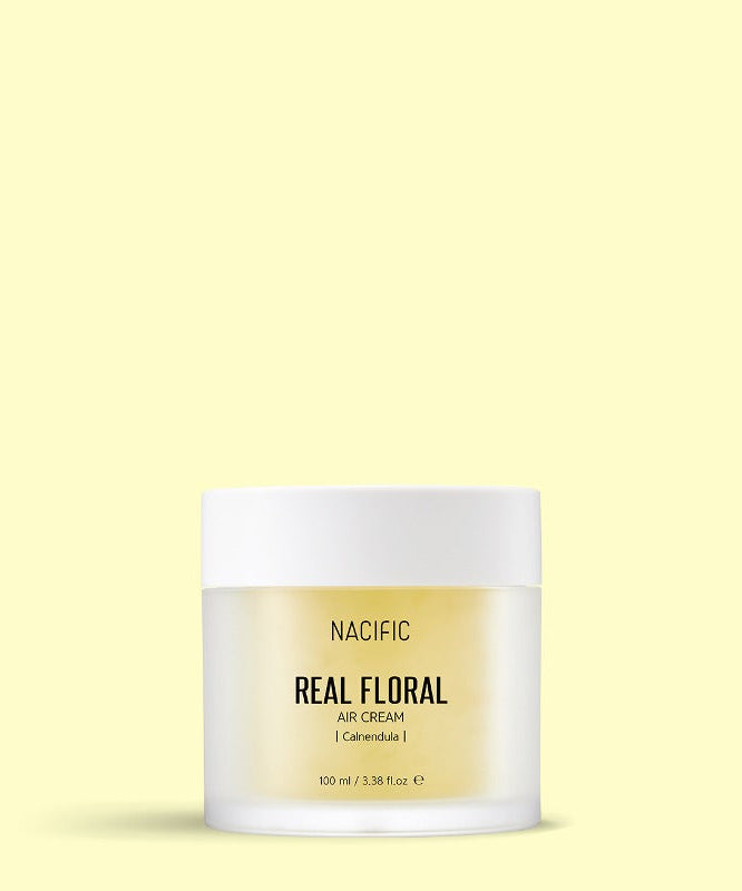 NACIFIC Real Floral Air Cream 100ml in a yellow jar on a soft yellow background.