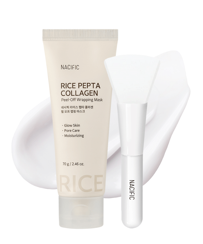 NACIFIC Rice Pepta Collagen Peel Off Wrapping Mask 70g with applicator showcasing packaging and texture.