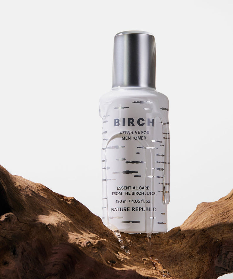 NATURE REPUBLIC Birch Intensive For Men Toner 120ml in white bottle on wood display by Gentleman Korea, men’s Korean skincare toner