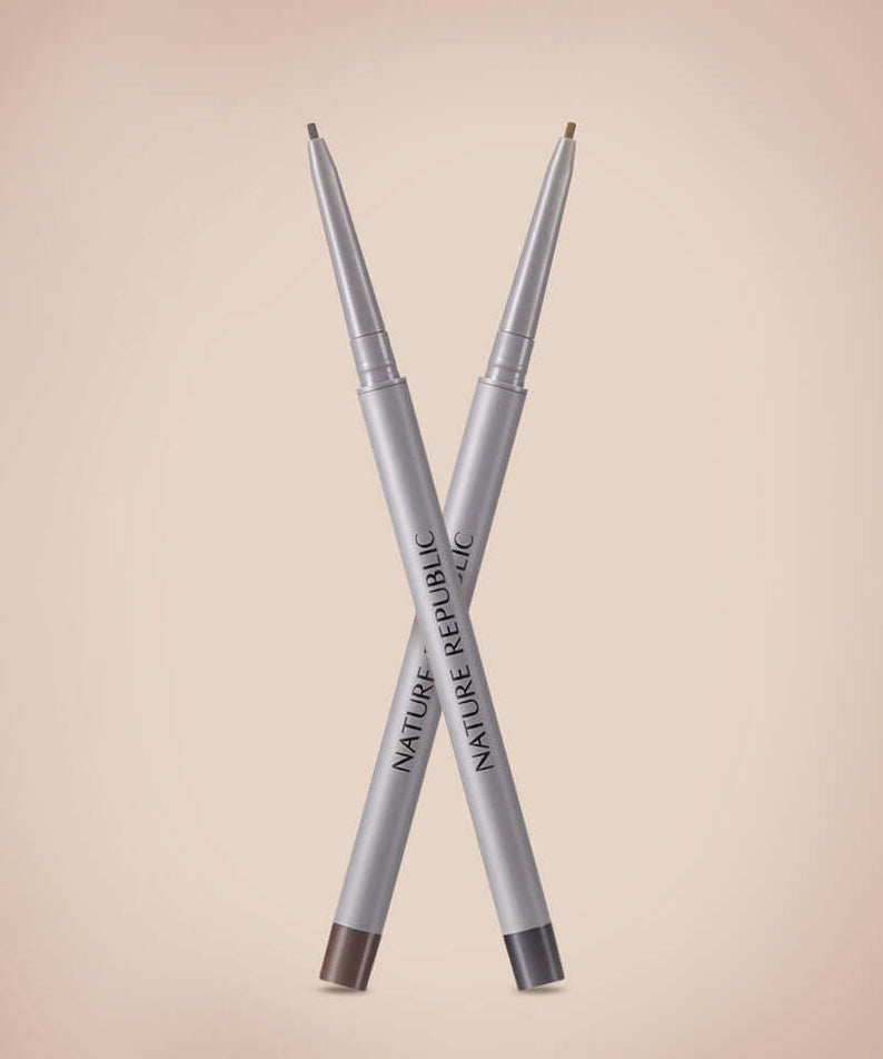 NATURE REPUBLIC Botanican Microfiber Slim Fit Eyeliner in silver and brown shades against a neutral background.