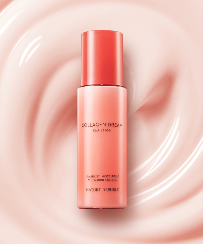NATURE REPUBLIC Collagen Dream 70 Emulsion 130ml product image with pink swirled background.