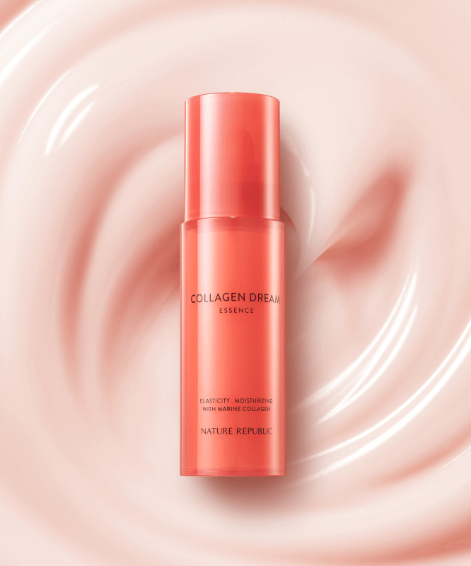 NATURE REPUBLIC Collagen Dream 70 Essence 40ml bottle on a creamy pink background for skincare and hydration.