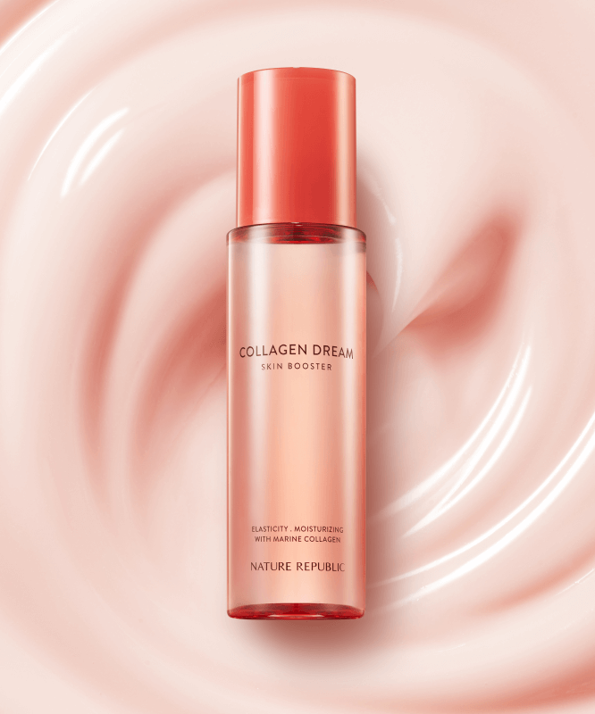 NATURE REPUBLIC Collagen Dream 90 Skin Booster 150ml bottle on a swirled creamy background, showcasing skincare product packaging.
