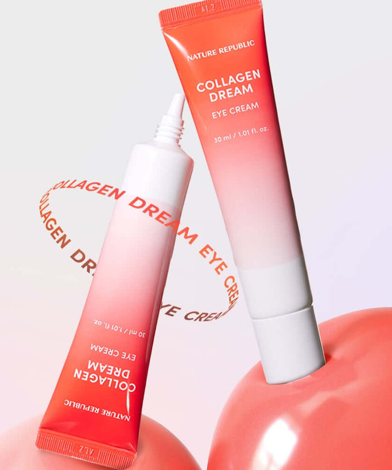 NATURE REPUBLIC Collagen Dream Eye Cream 30ml displayed with vibrant packaging on a reflective surface.