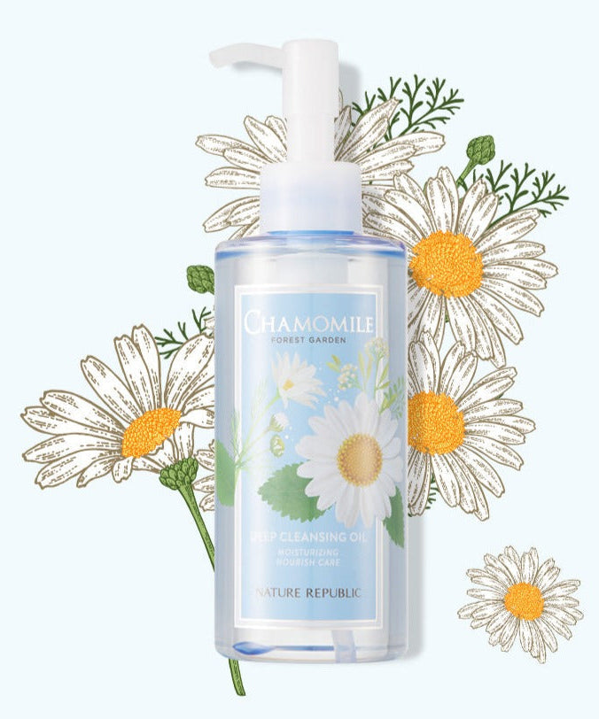 NATURE REPUBLIC Forest Garden Chamomile Cleansing Oil 200ml bottle with chamomile flowers in the background