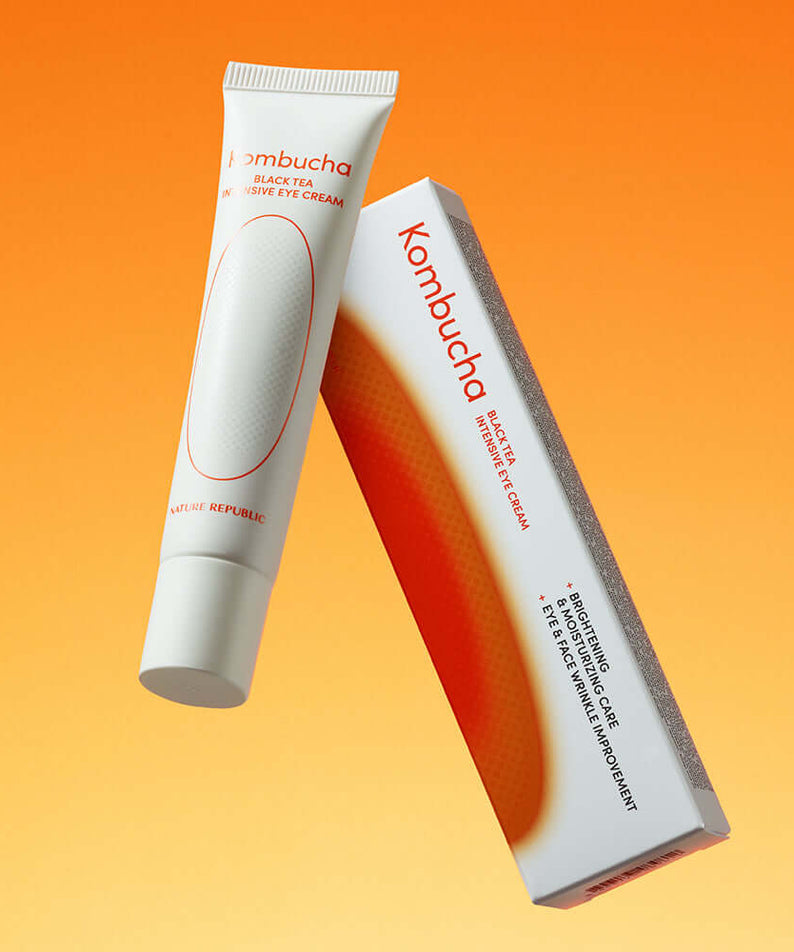 NATURE REPUBLIC Kombucha Black Tea Eye Cream 30ml with packaging on orange background