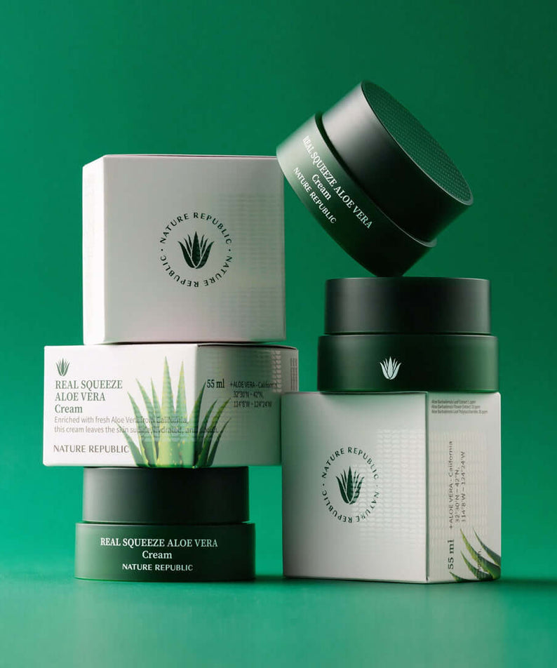 NATURE REPUBLIC Real Squeeze Aloe Vera Cream 55ml packaging on green background