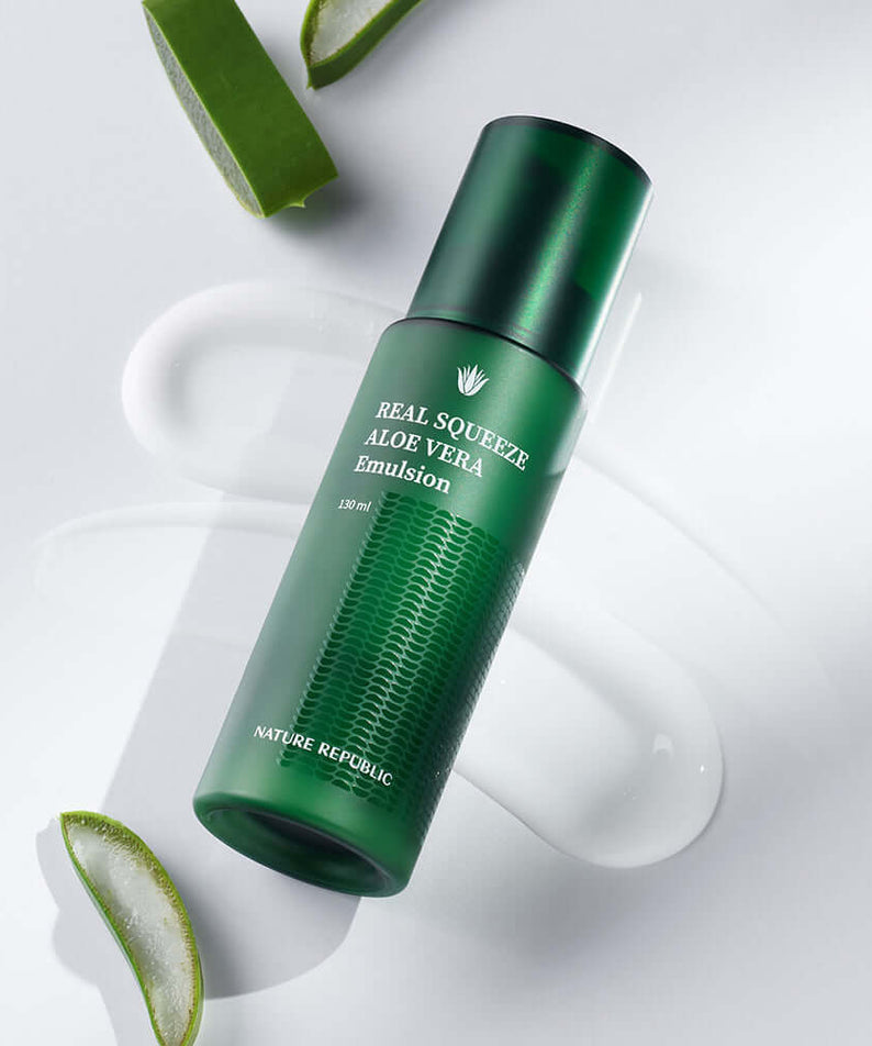 NATURE REPUBLIC Real Squeeze Aloe Vera Emulsion 130ml bottle with aloe slices on a white background