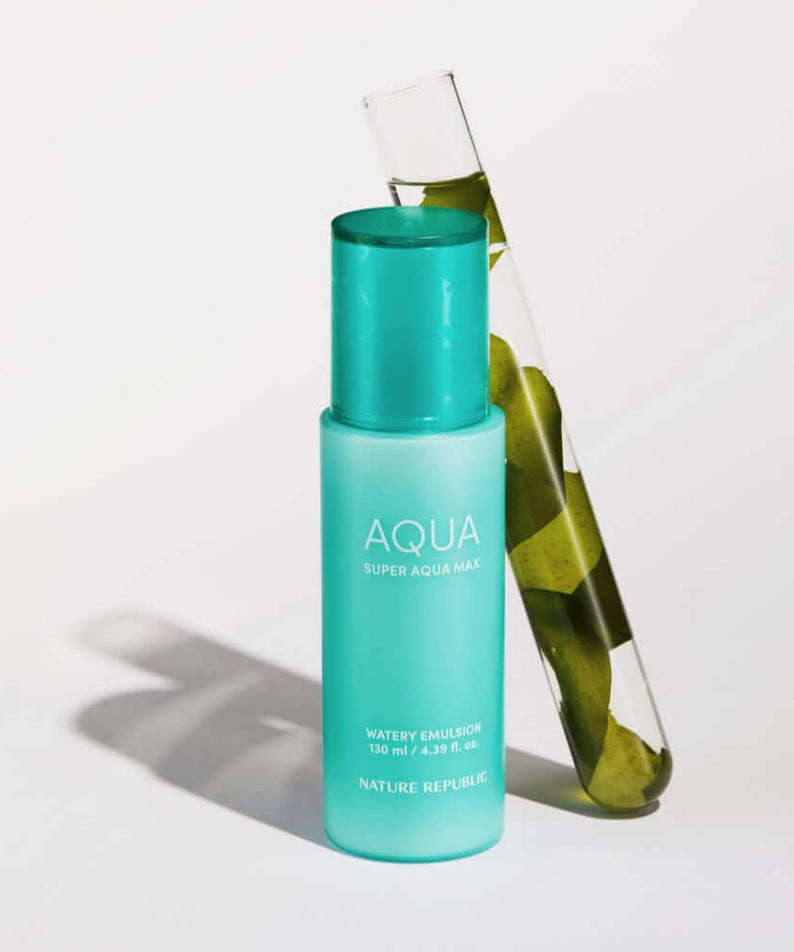 NATURE REPUBLIC Super Aqua Max Moisture Essece 50ml bottle with test tube in the background