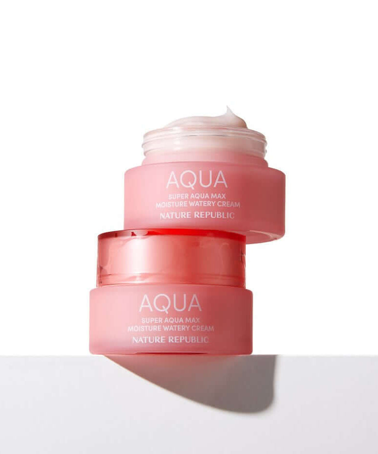 NATURE REPUBLIC Super Aqua Max Moisture Watery Cream 80ml product image with open and closed jars on a white background.