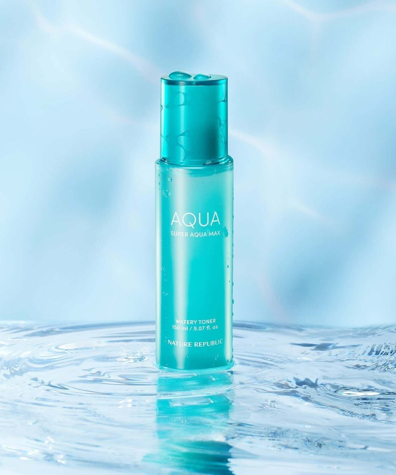 NATURE REPUBLIC Super Aqua Max Watery Toner 150ml bottle displayed against a watery background, showcasing skincare product design.