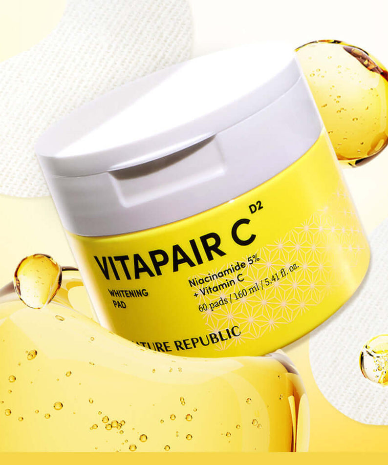 NATURE REPUBLIC Vitapair C Whitenning Pads 160ml with Vitamin C and Niacinamide for brightening, 60 pads per jar on a white background