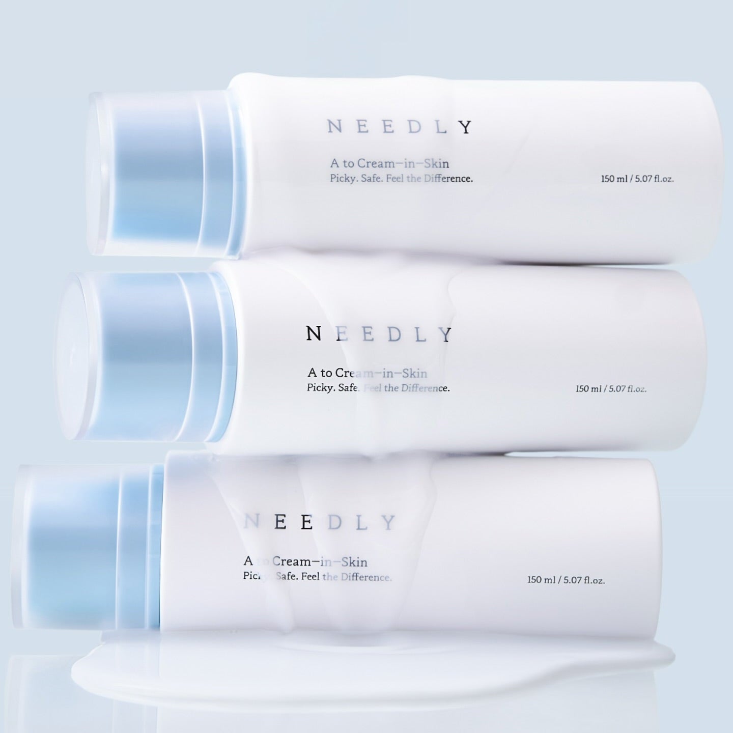 Three bottles of NEEDLY A to Cream Skin 150ml, a moisturizing skincare product.