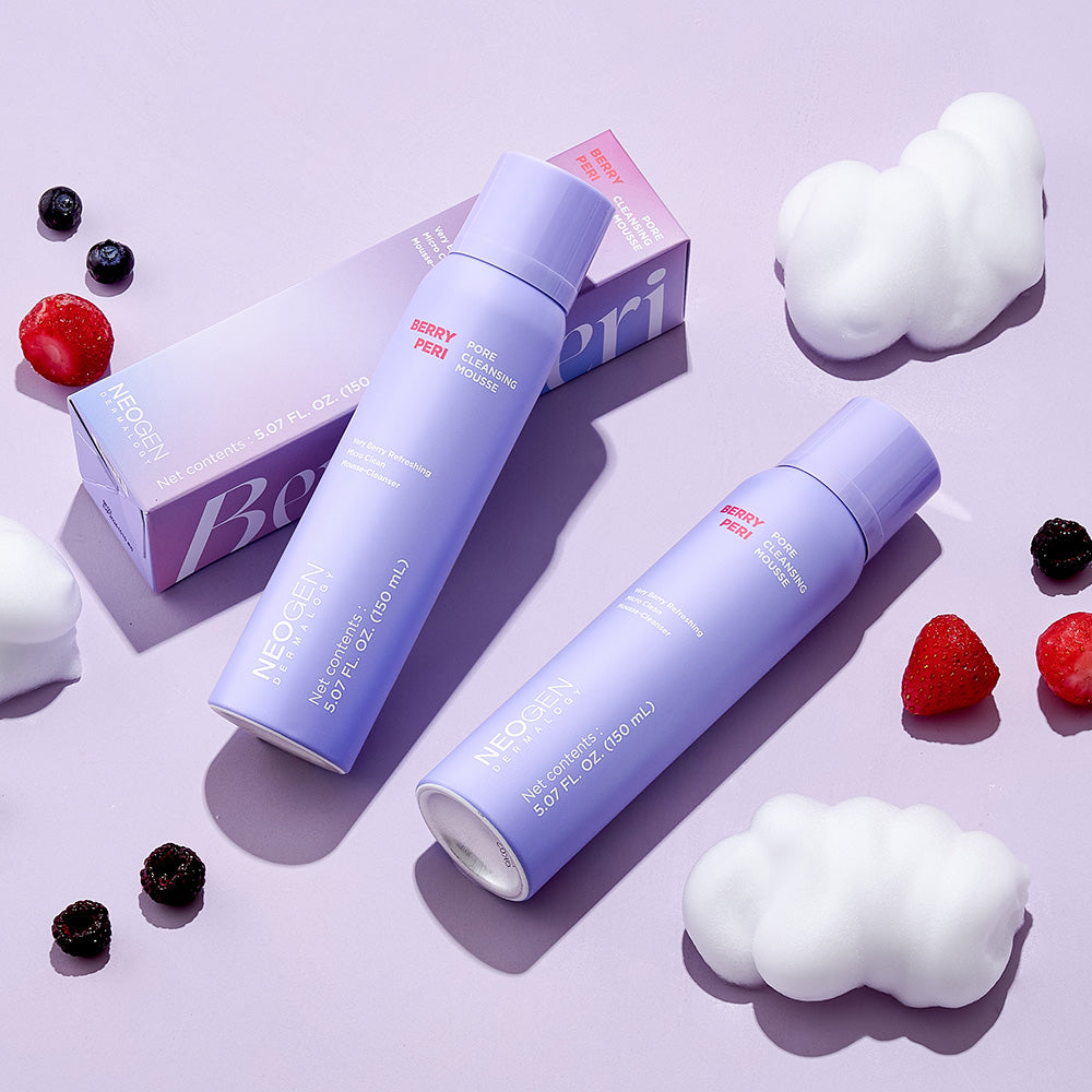 NEOGEN Berry Peri Pore Cleansing Mousse 150ml bottles with fruit and foam on lavender background