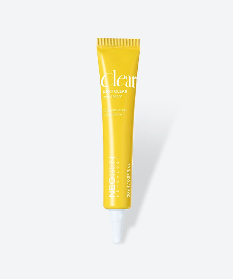 NEOGEN Next Clear Eye Cream 20ml in yellow tube packaging, designed for enhanced under-eye care, reducing puffiness and fine lines.