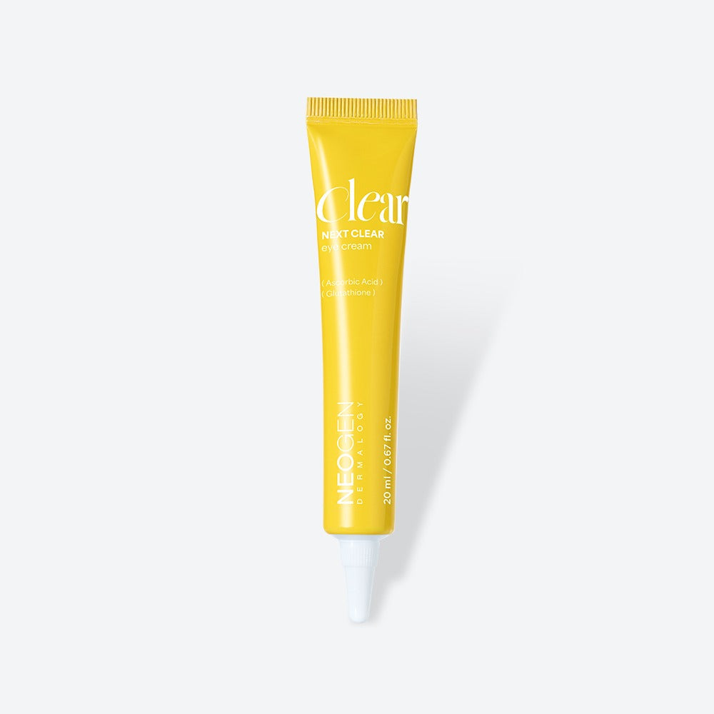 NEOGEN Next Clear Eye Cream 20ml in yellow tube packaging, designed for enhanced under-eye care, reducing puffiness and fine lines.