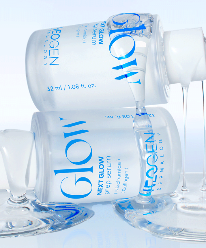 NEOGEN Next Glow 3-piece set (prep serum + moisture cream + pore refining toner) displayed with serum bottle pouring.