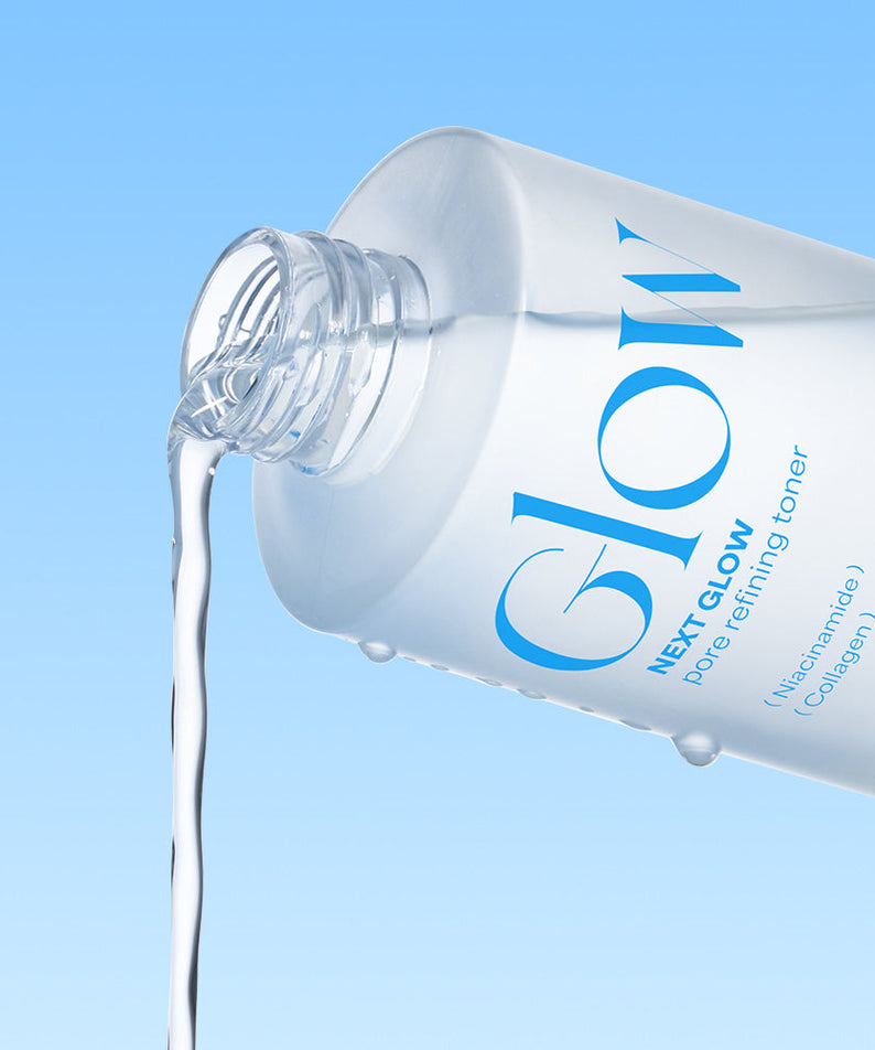 Bottle of NEOGEN Next Glow Pore Refining Toner 210ml being poured against a blue background