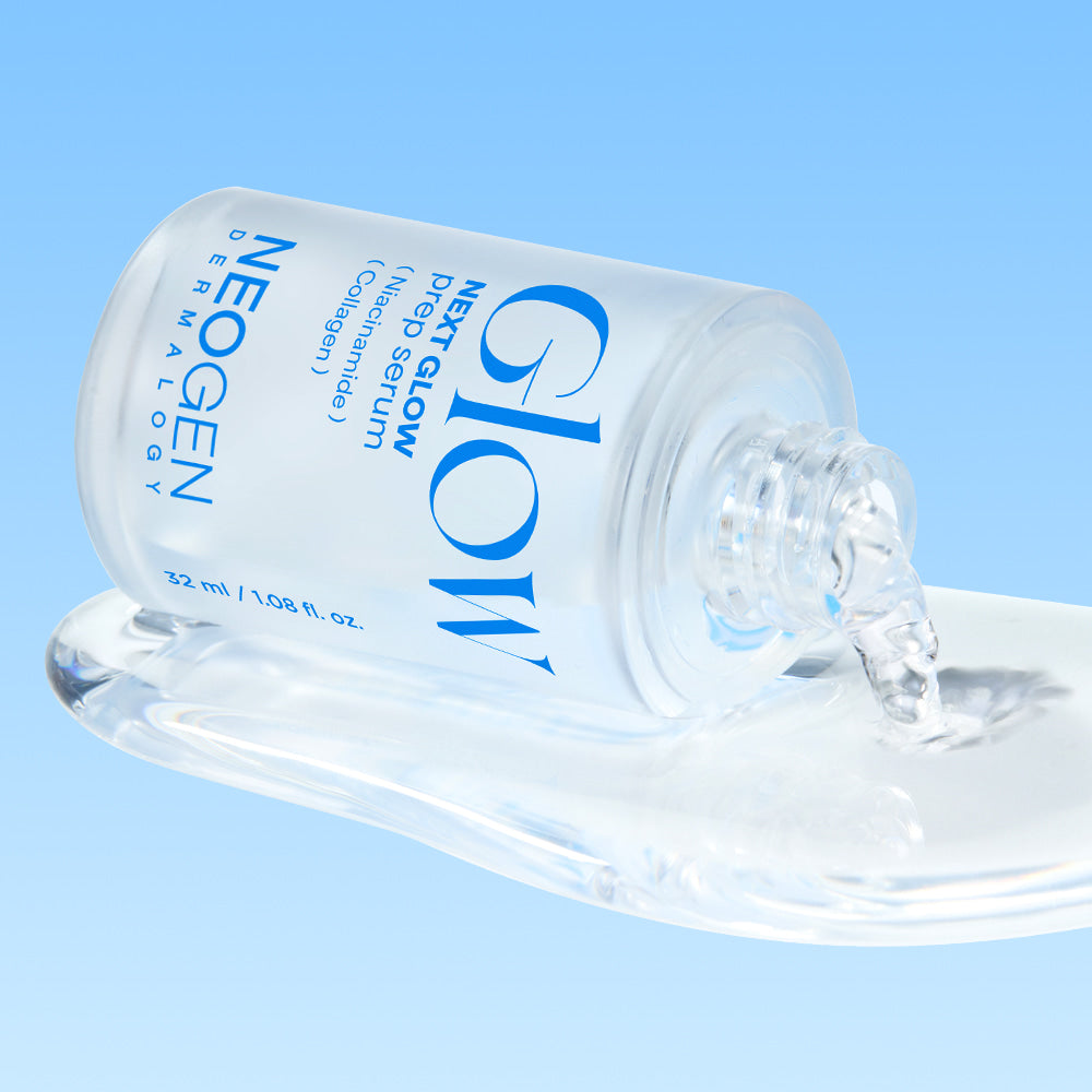 NEOGEN Next Glow Prep Serum 32ml bottle with serum pouring out against a blue background