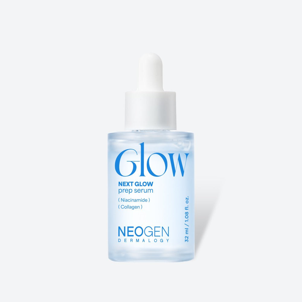 Bottle of NEOGEN Next Glow Prep Serum 32ml with dropper cap, featuring niacinamide and collagen for radiant skin care.