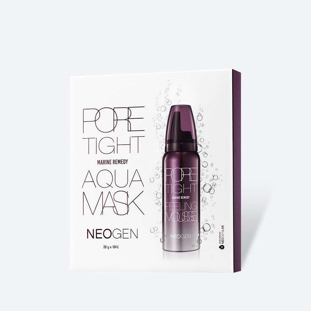 NEOGEN Pore Tite Aqua Mask 5 Pack in packaging with purple bottle, skincare product for pore tightening and hydration.