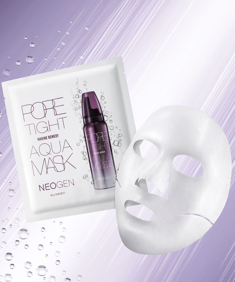 NEOGEN Pore Tite Aqua Mask 5 Pack displayed with a hydrating face mask on a light purple background with water droplets.