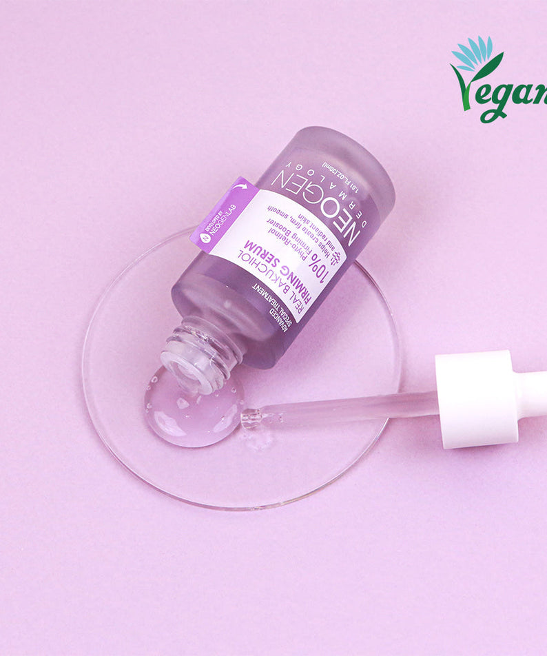 NEOGEN Real Bakuchiol Firming Serum 30ml bottle with dropper on pink background, vegan skincare product