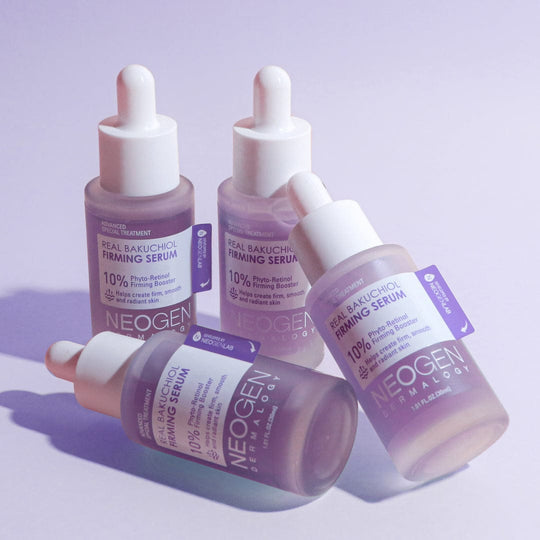 NEOGEN Real Bakuchiol Firming Serum 30ml bottles displayed on a purple background