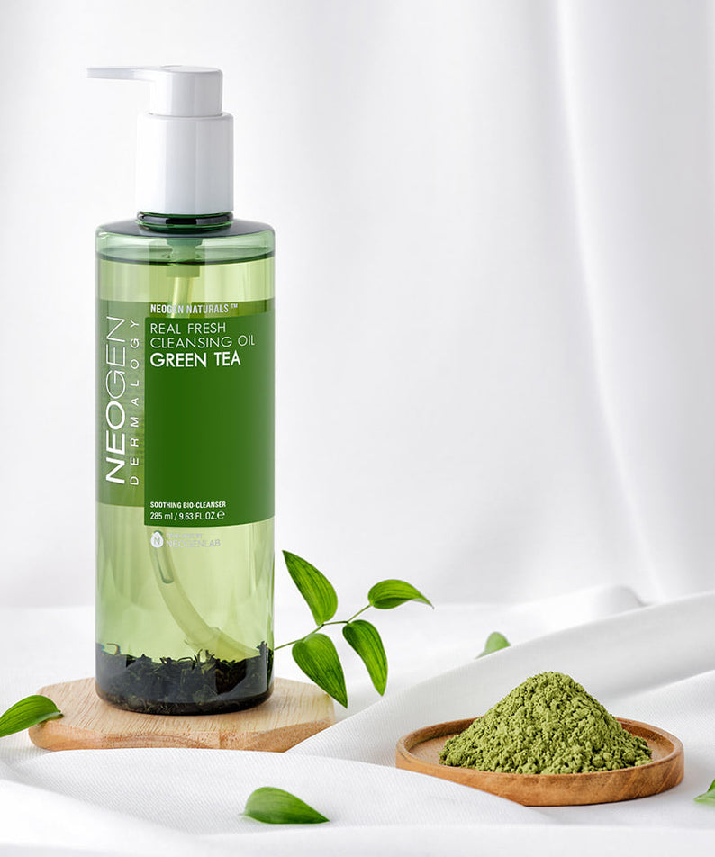 NEOGEN Real Fresh Cleansing Oil Green Tea 285ml bottle on white background with green tea leaves and powder