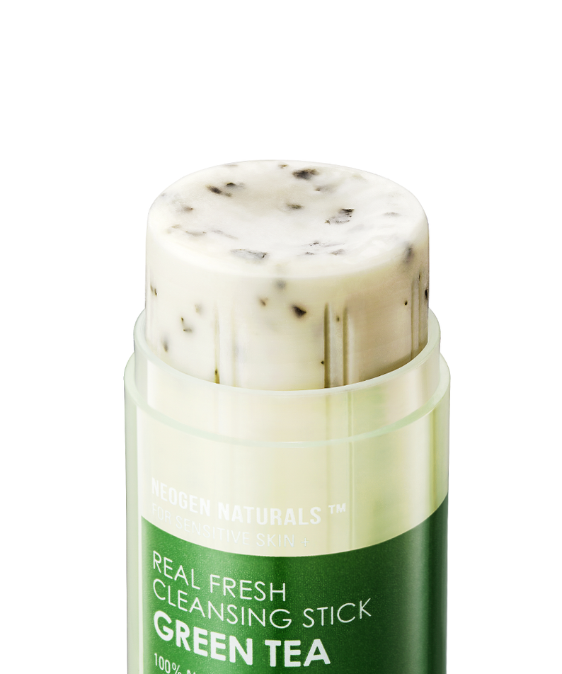 Close-up of NEOGEN Real Fresh Cleansing Stick Green Tea 80g with visible green tea leaves
