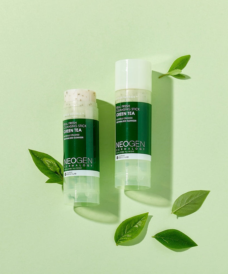 NEOGEN Real Fresh Cleansing Stick Green Tea 80g on mint background with green leaves