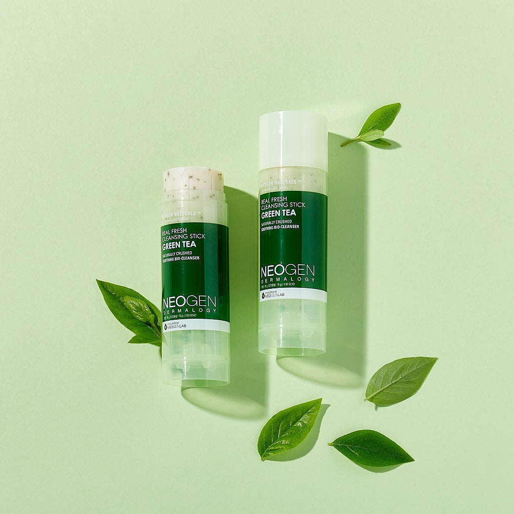 NEOGEN Real Fresh Cleansing Stick Green Tea 80g on mint background with green leaves
