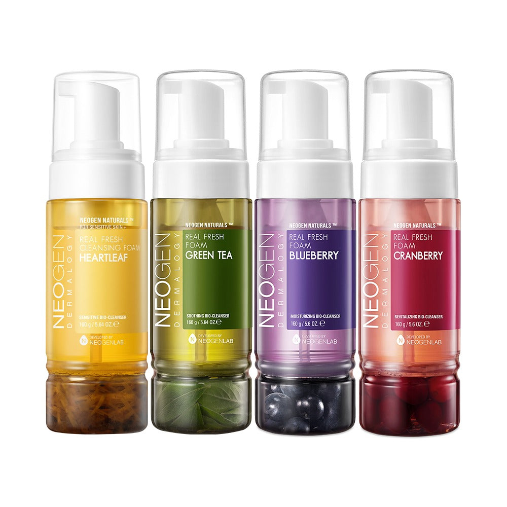NEOGEN Real Fresh Foam Green Tea 160g alongside other foam cleansers in various flavors.