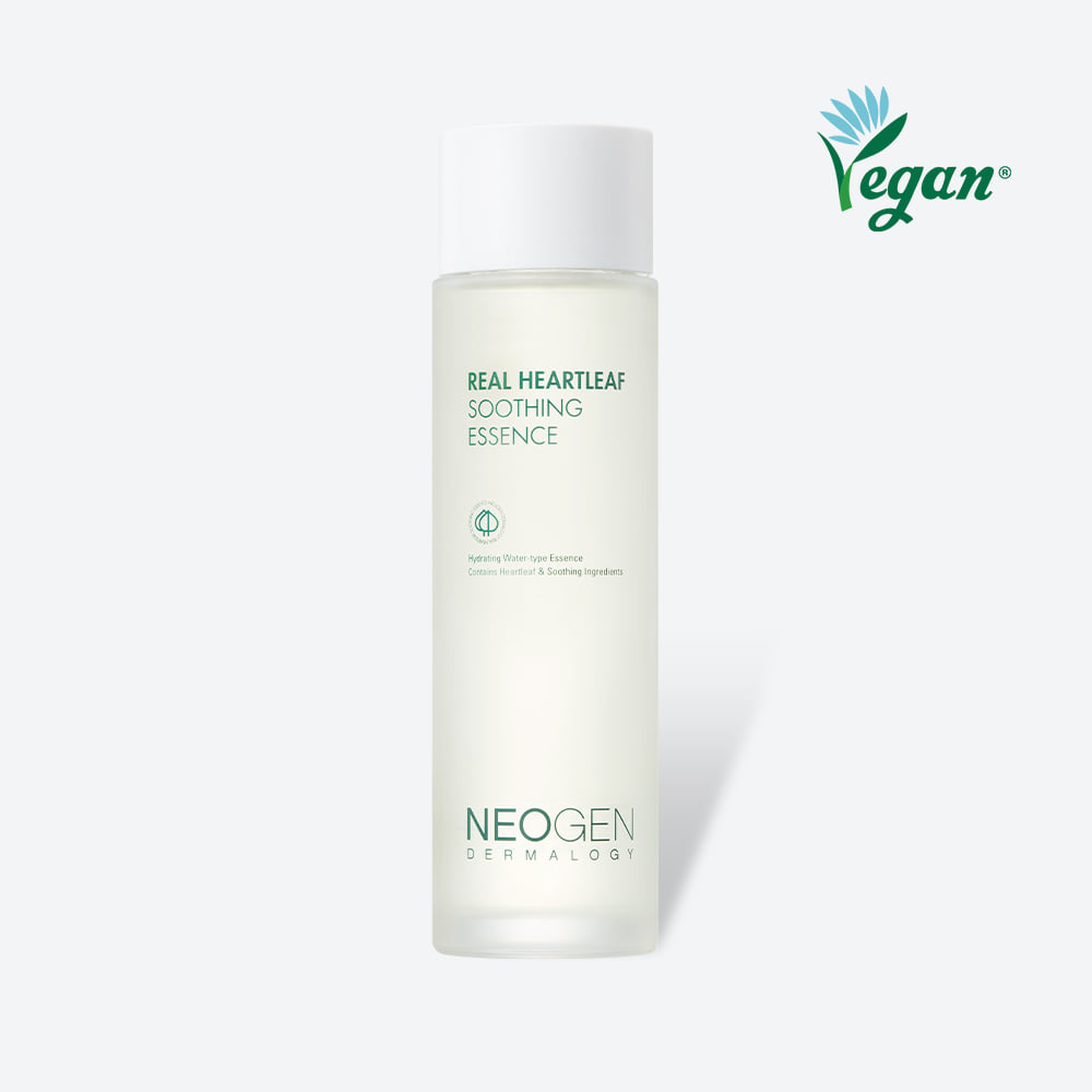 Image of NEOGEN Real Heartleaf Soothing Essence 150ml bottle with vegan label on a white background.